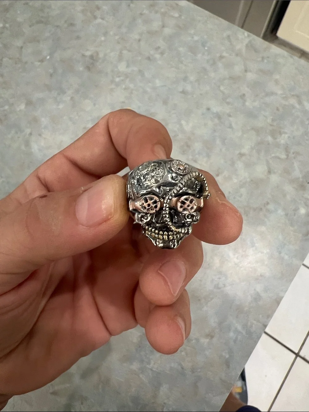 Sterling Silver and Rose Gold Skull Ring - Men Accessories